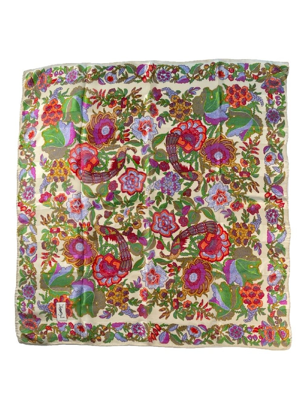 Vintage YSL Silk Scarf Exotic Bird Floral Garden Print Rolled Hem w/ Box